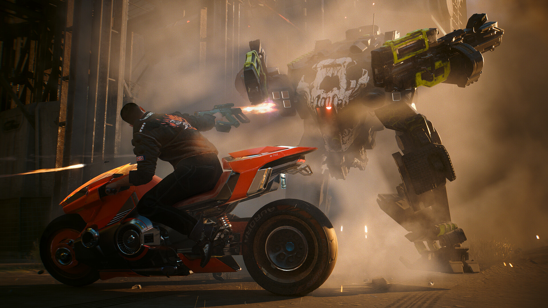 V rides a motorcycle while shooting at a mech in Cyberpunk 2077: Phantom Liberty.
