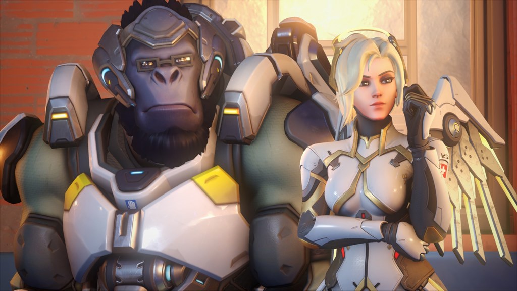 Mercy and Winston standing side by side