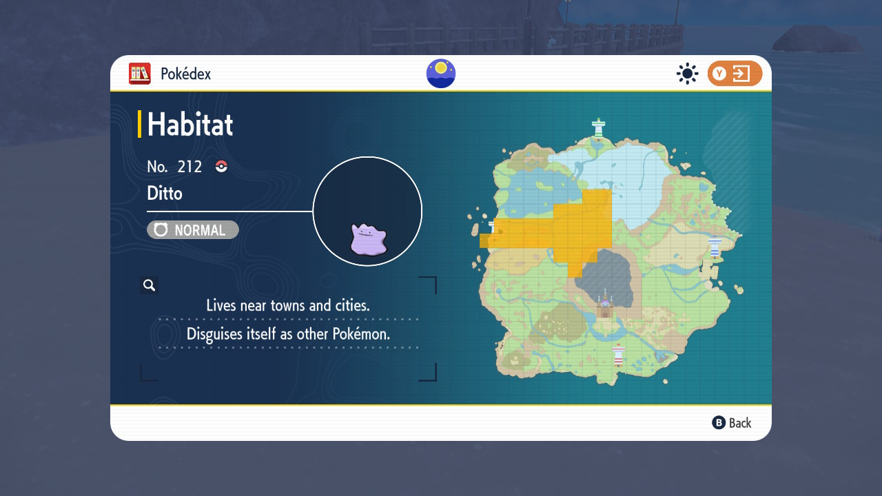 The Pokedex entry and habitat map for Ditto.
