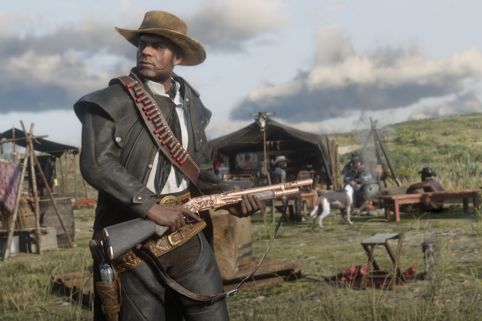 An outlaw wields a shotgun in Red Dead Online.