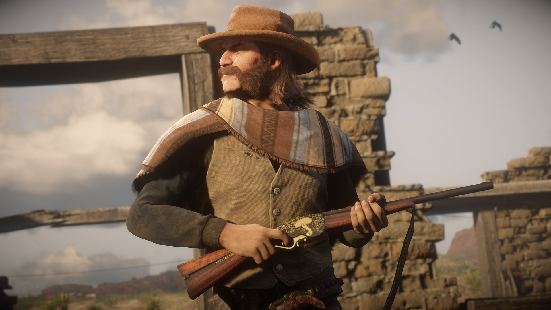A cowboy takes cover in Red Dead Online.