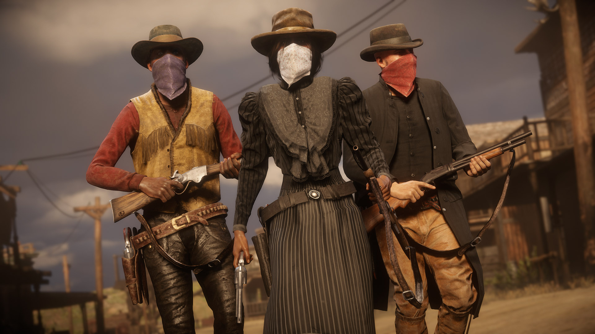 Three players walking in Red Dead Online.