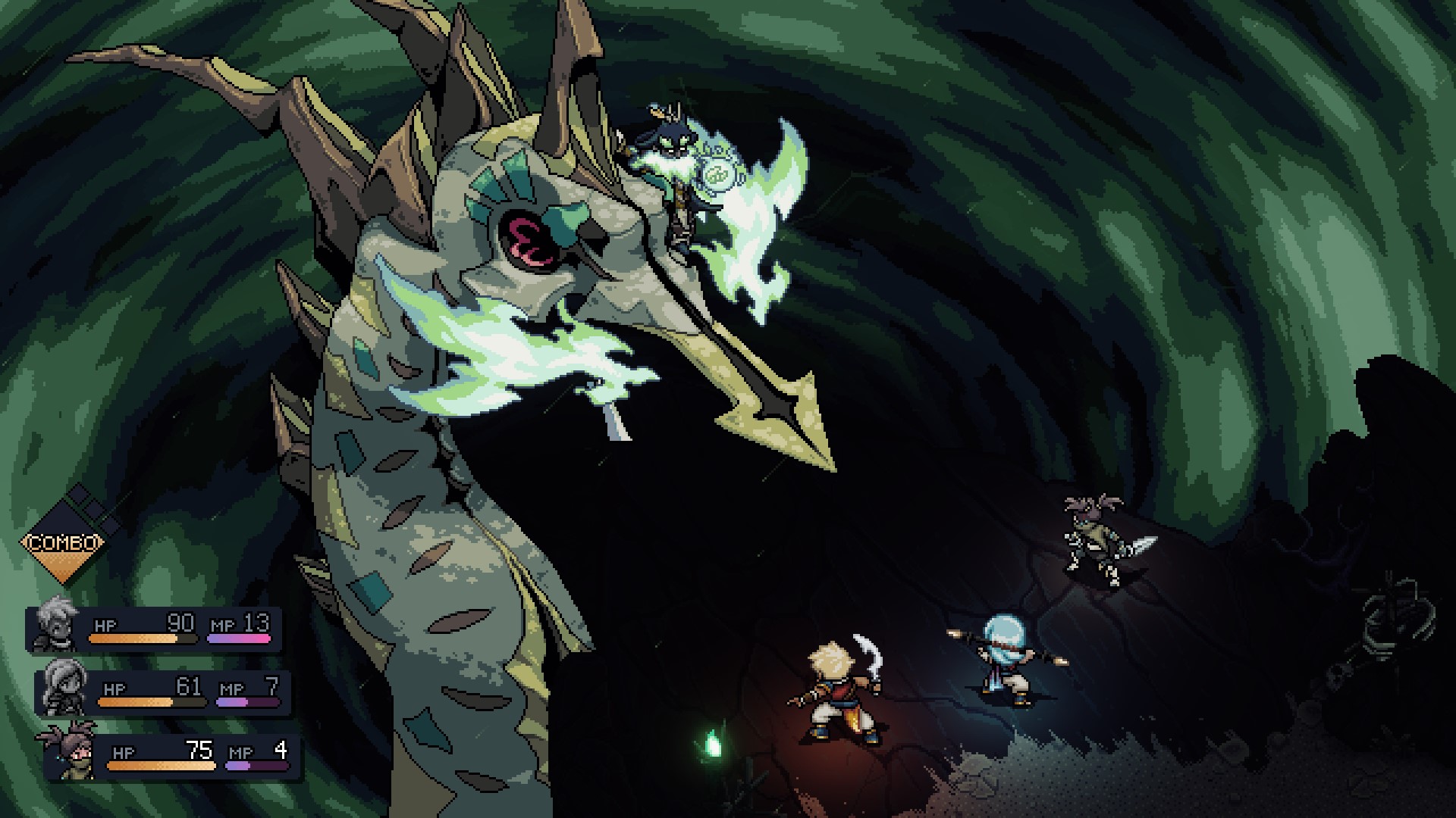 Zale, Valere, and Serai fighting a wind dragon in Sea of Stars