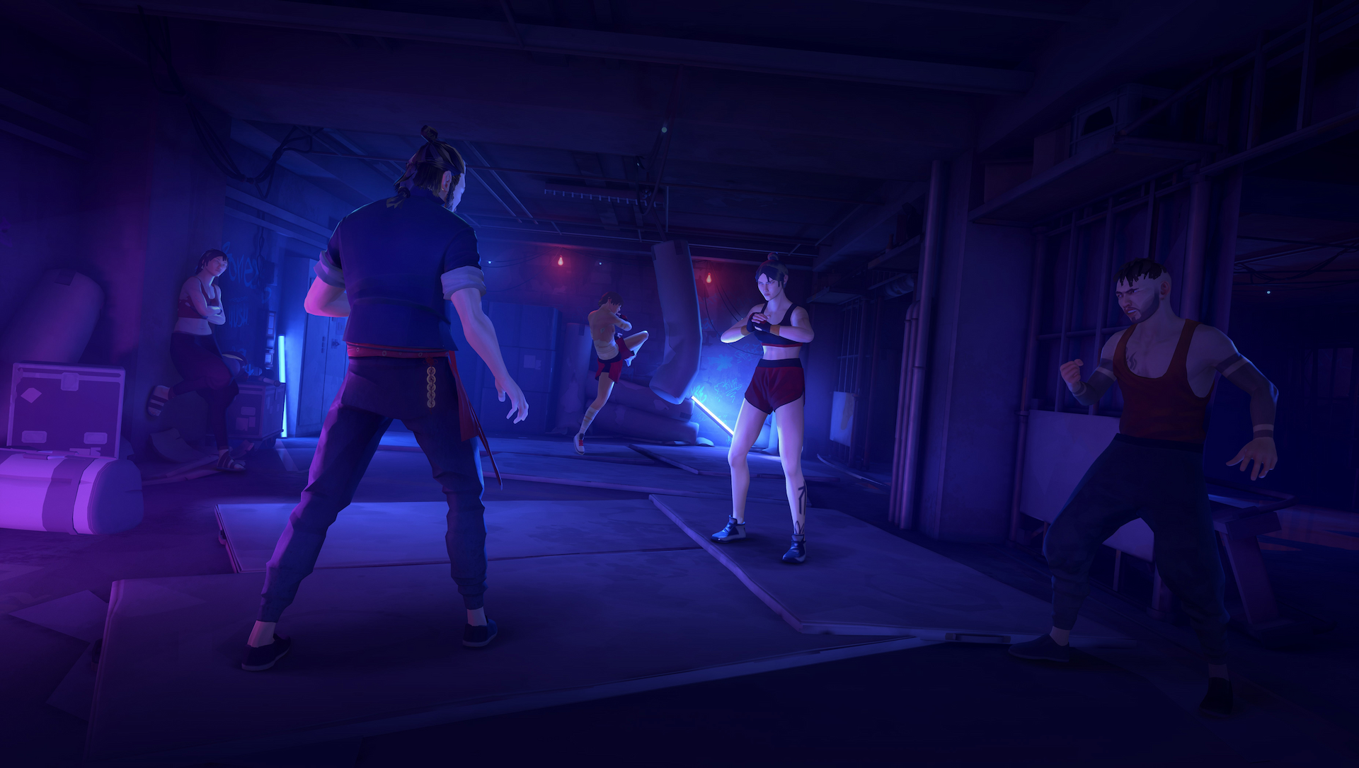 Sifu's main character facing off against opponents in a fight club.