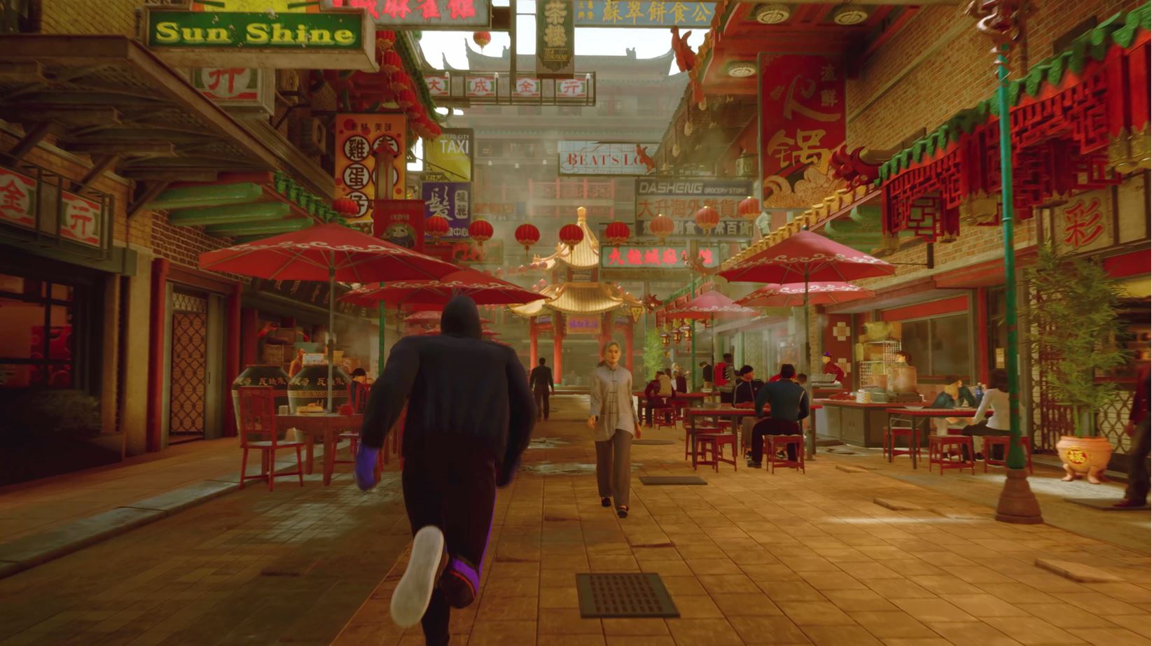 A player runs through a Chinese neighborhood in Street Fighter 6 World Tour.