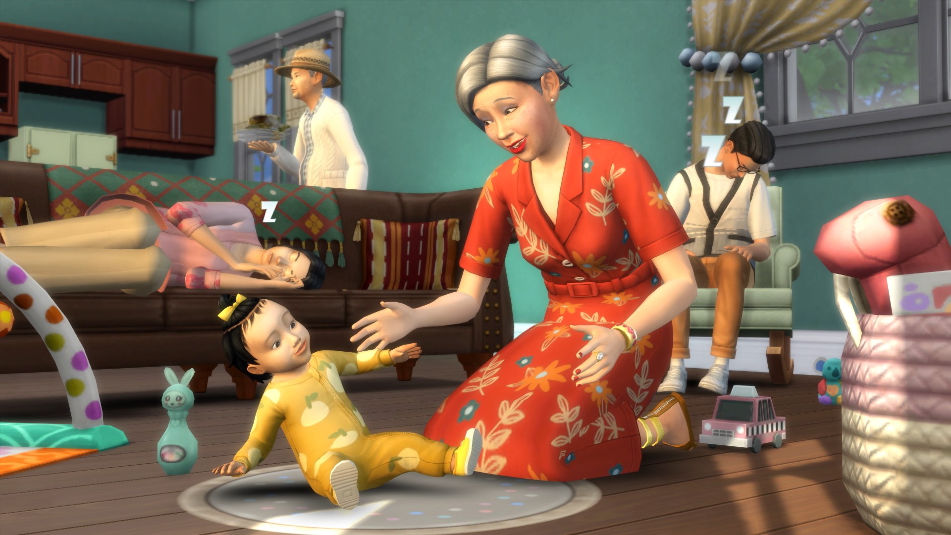 A baby Sim and an elder Sim sit together on the floor, while the Sims behind them are asleep in various positions.