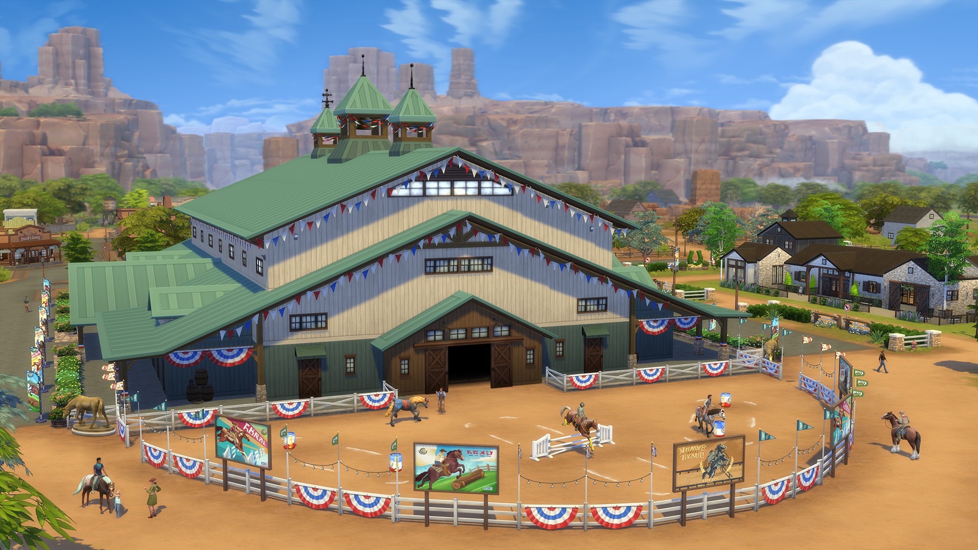 A full shot of the equestrian center in The Sims 4: Horse Ranch. It's a large white building with a green roof and stable doors. A fenced-in riding arena is out front.