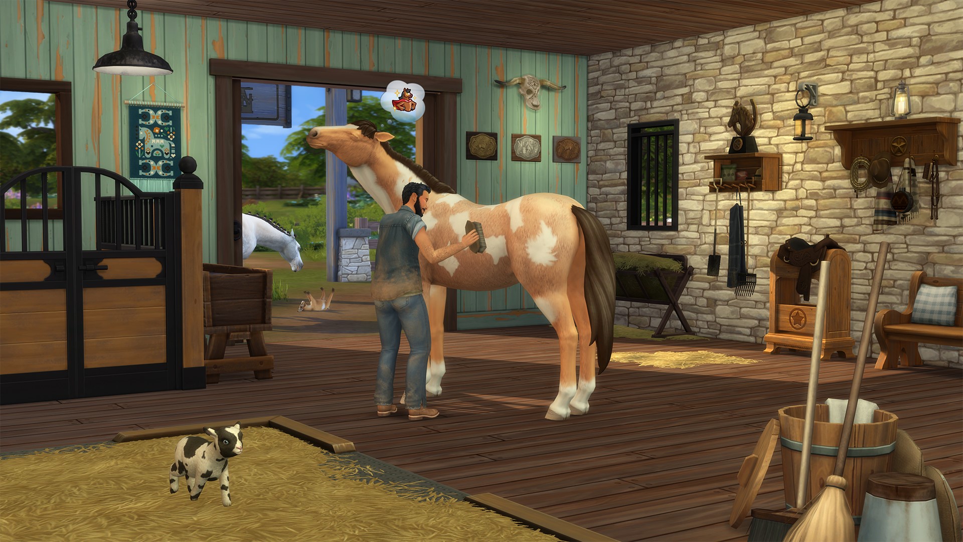 A Sim stands next to a horse, brushing it. The horse is a light tan color with white spots and a brown mane and tail.