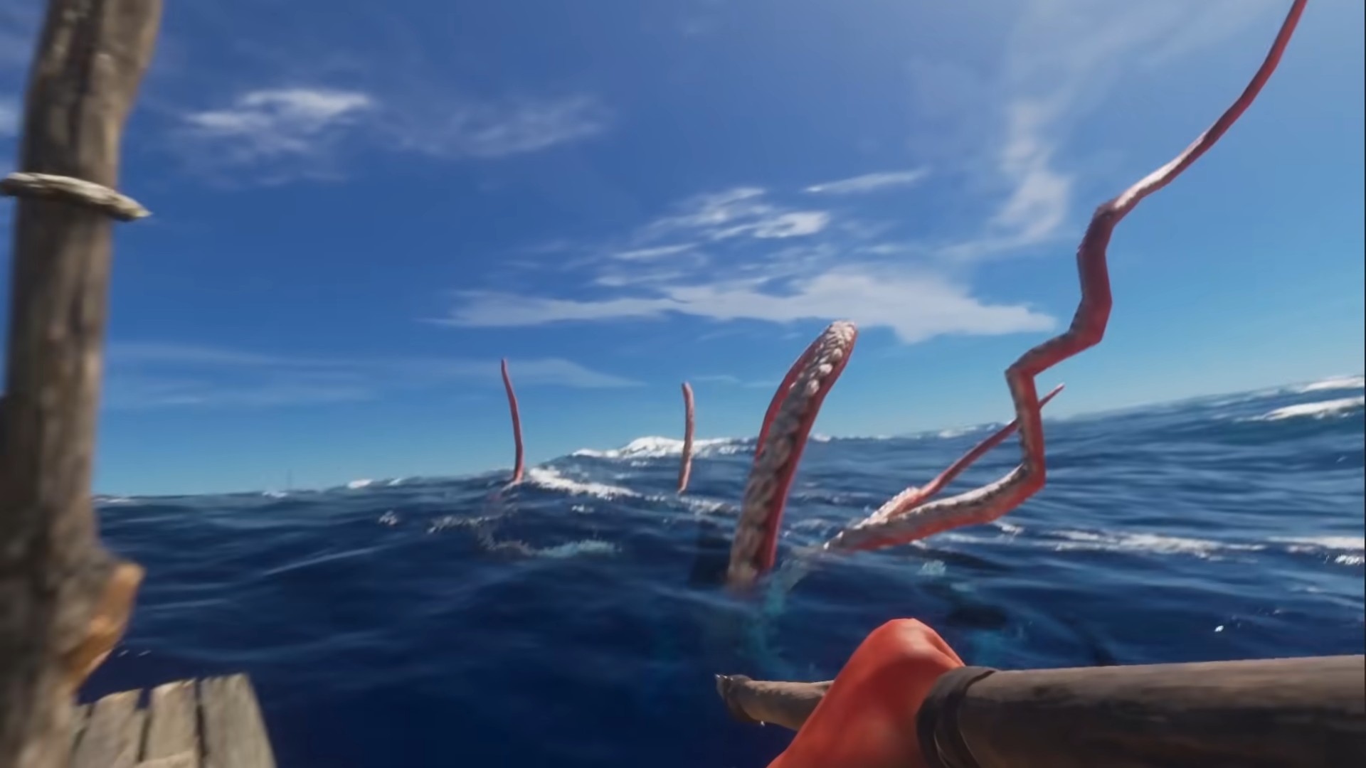 A man on a raft fighting a giant squid.
