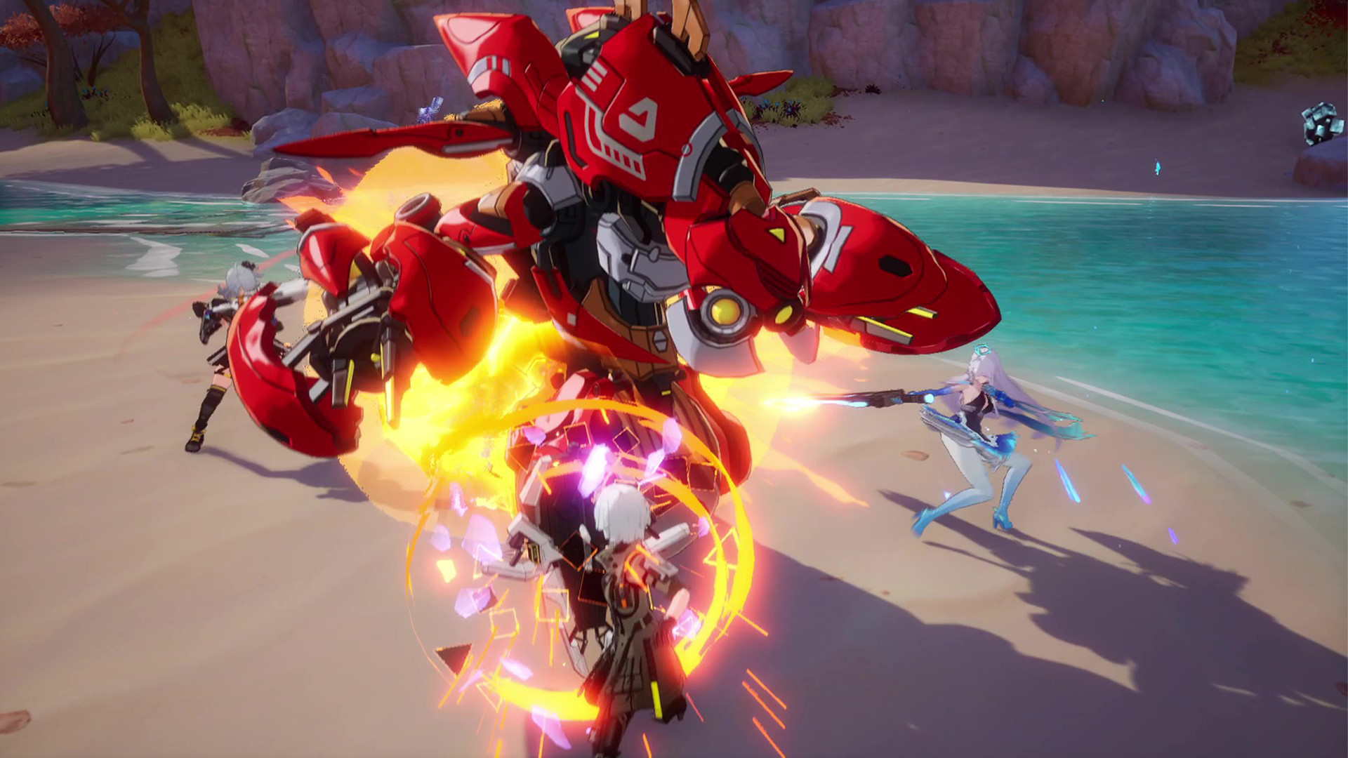 Players fighting a big red robot.