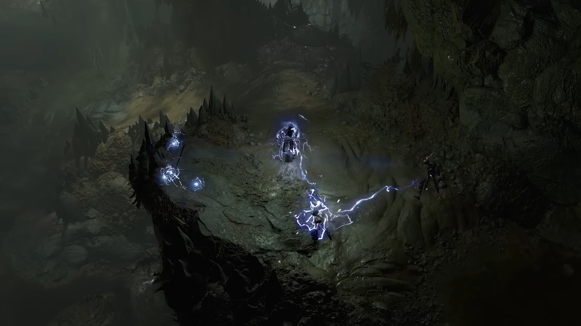 A sorcerer shooting lightning at skeletons.