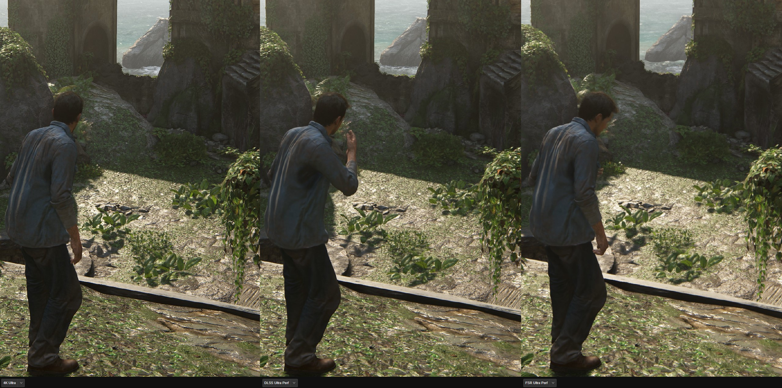 Ultra Performance comparison between FSR and DLSS in Uncharted Legacy of Thieves on PC.