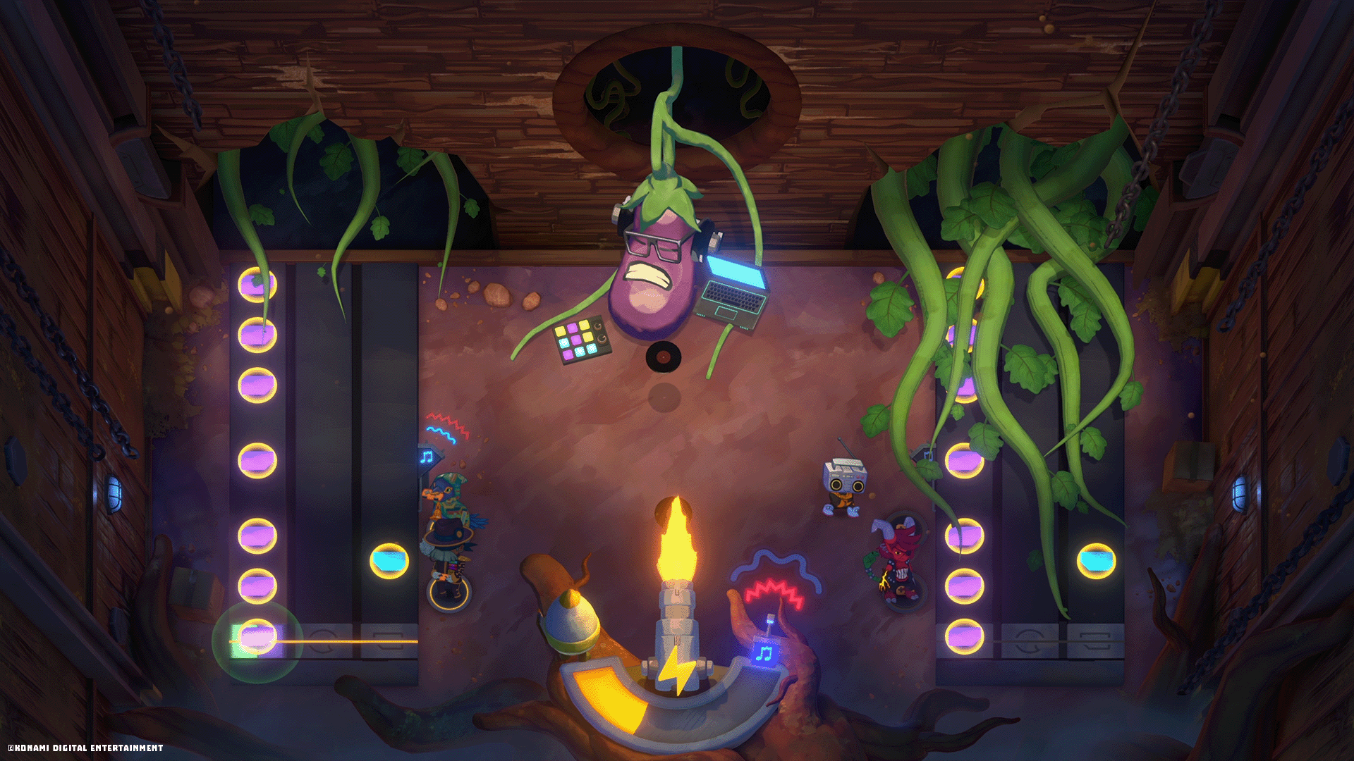 Players battle an eggplant boss in Super Crazy Rhythm Castle