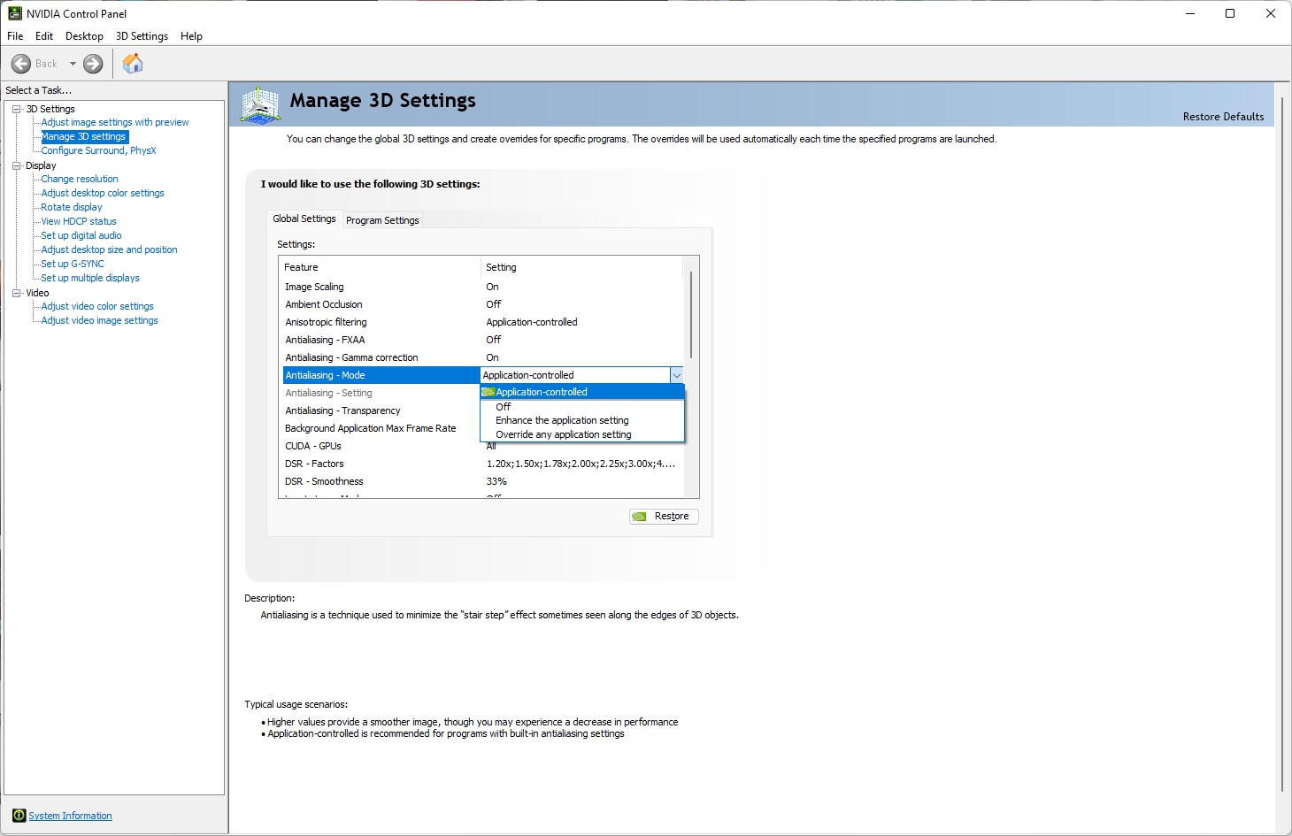 Anti-aliasing settings in the Nvidia Control Panel
