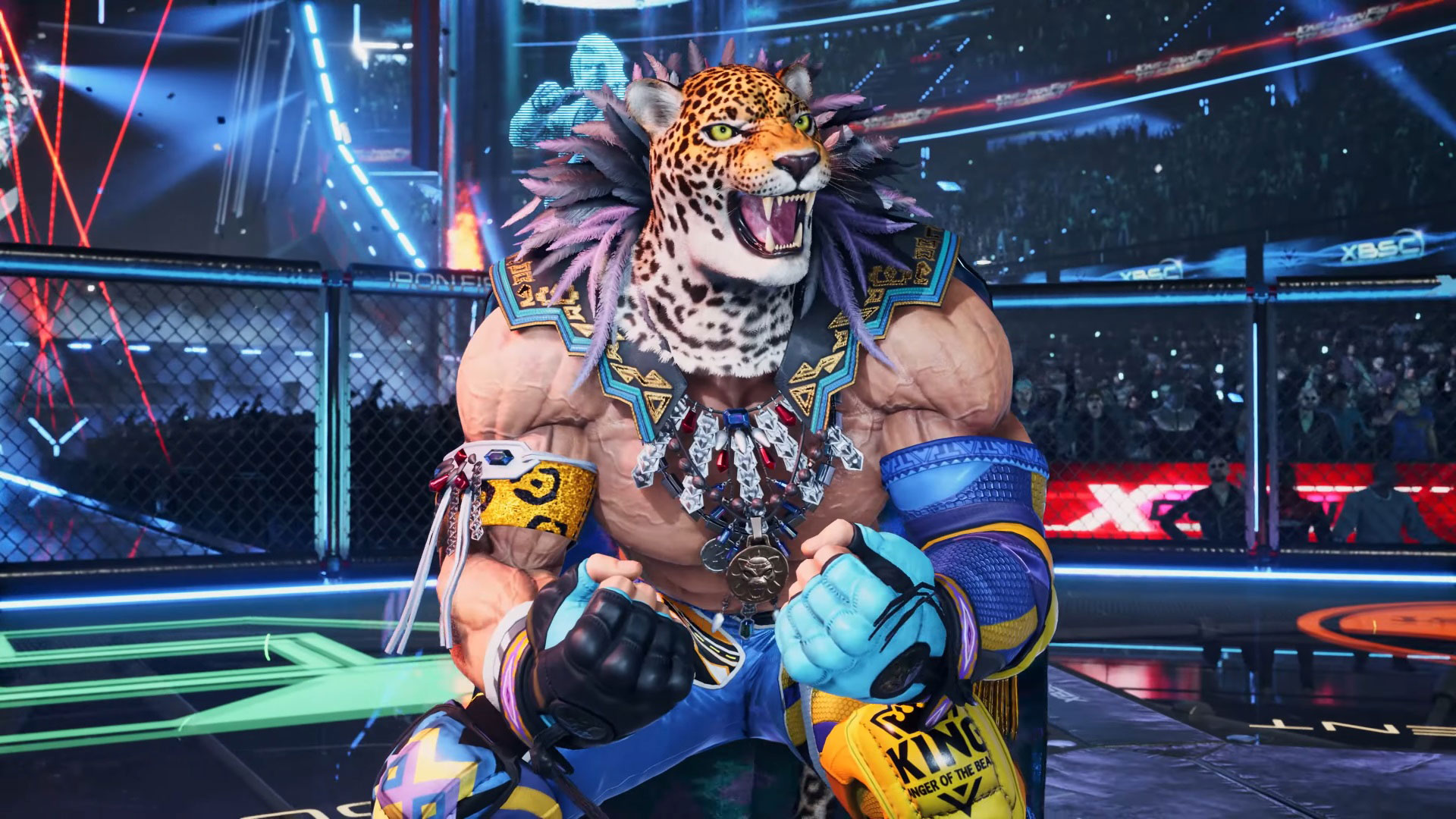 King flexing his muscles in Tekken 8