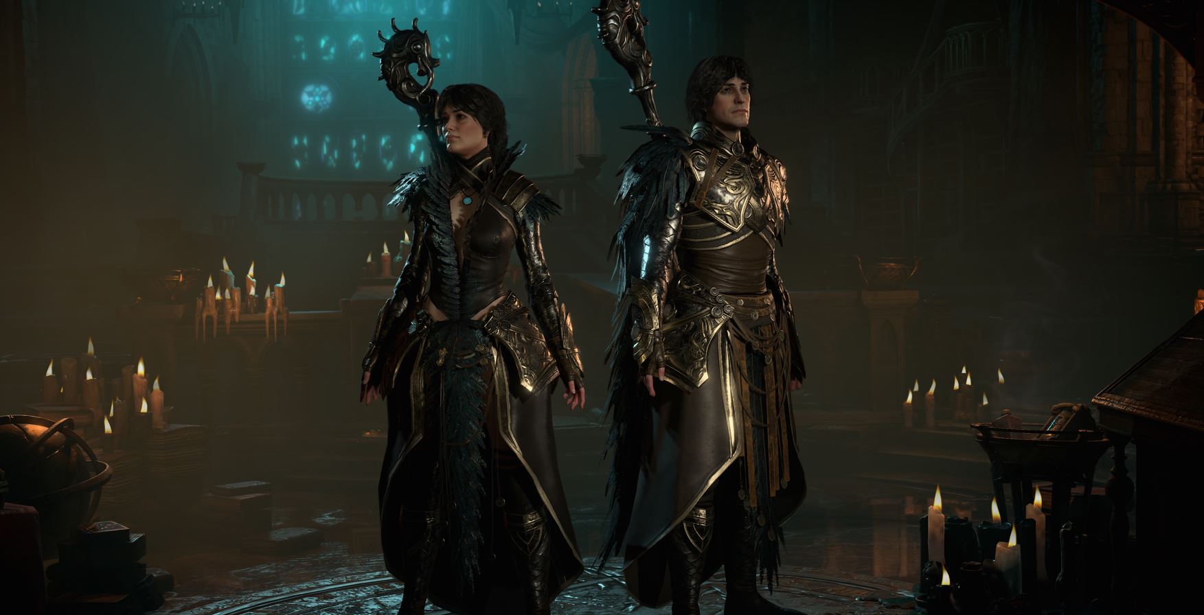 Diablo IV characters stand in a cathedral