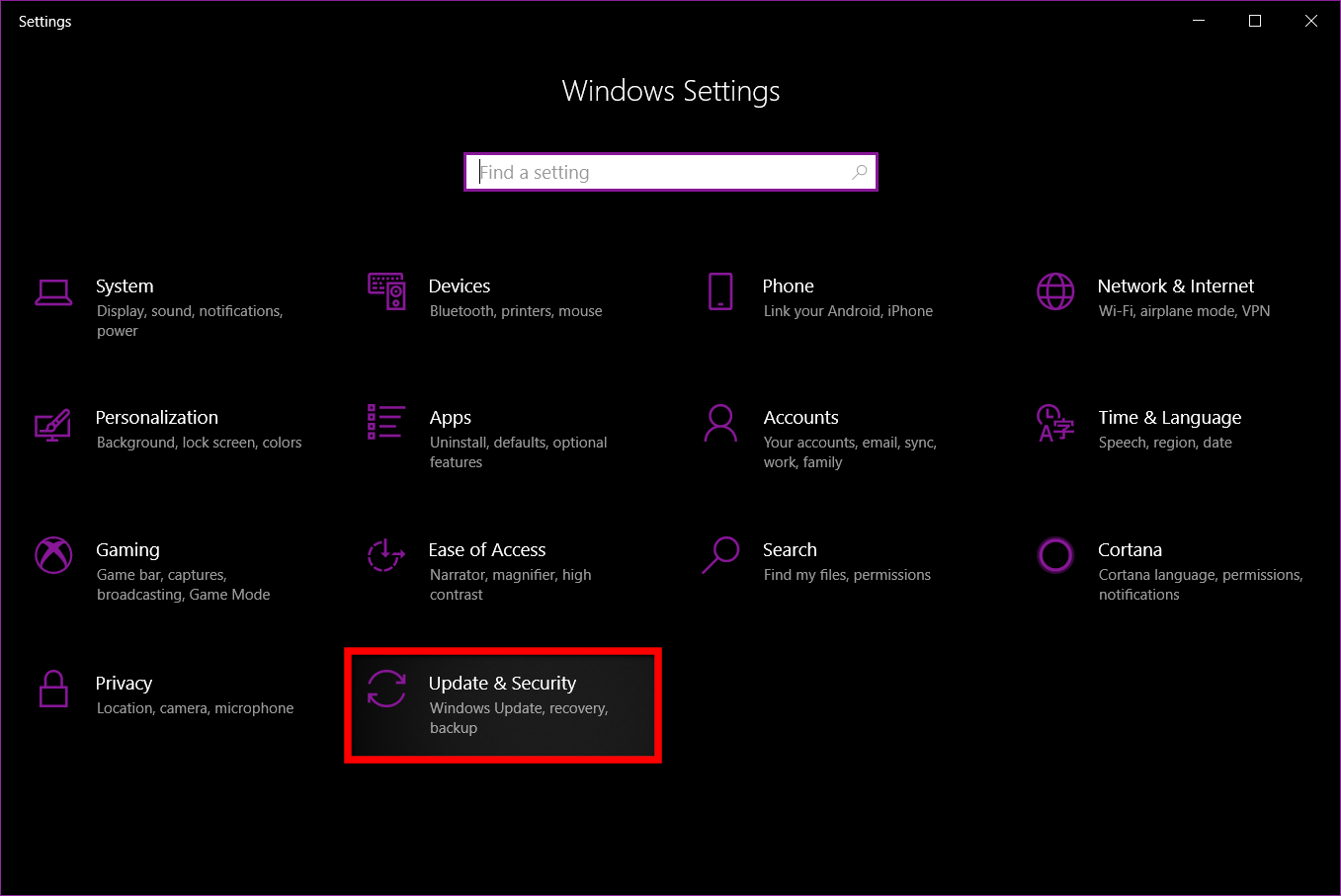 Windows update settings menu.